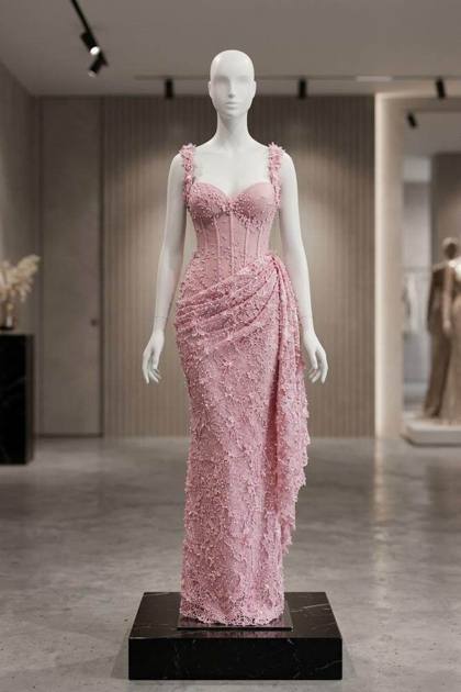 Pink beaded lace corset gown